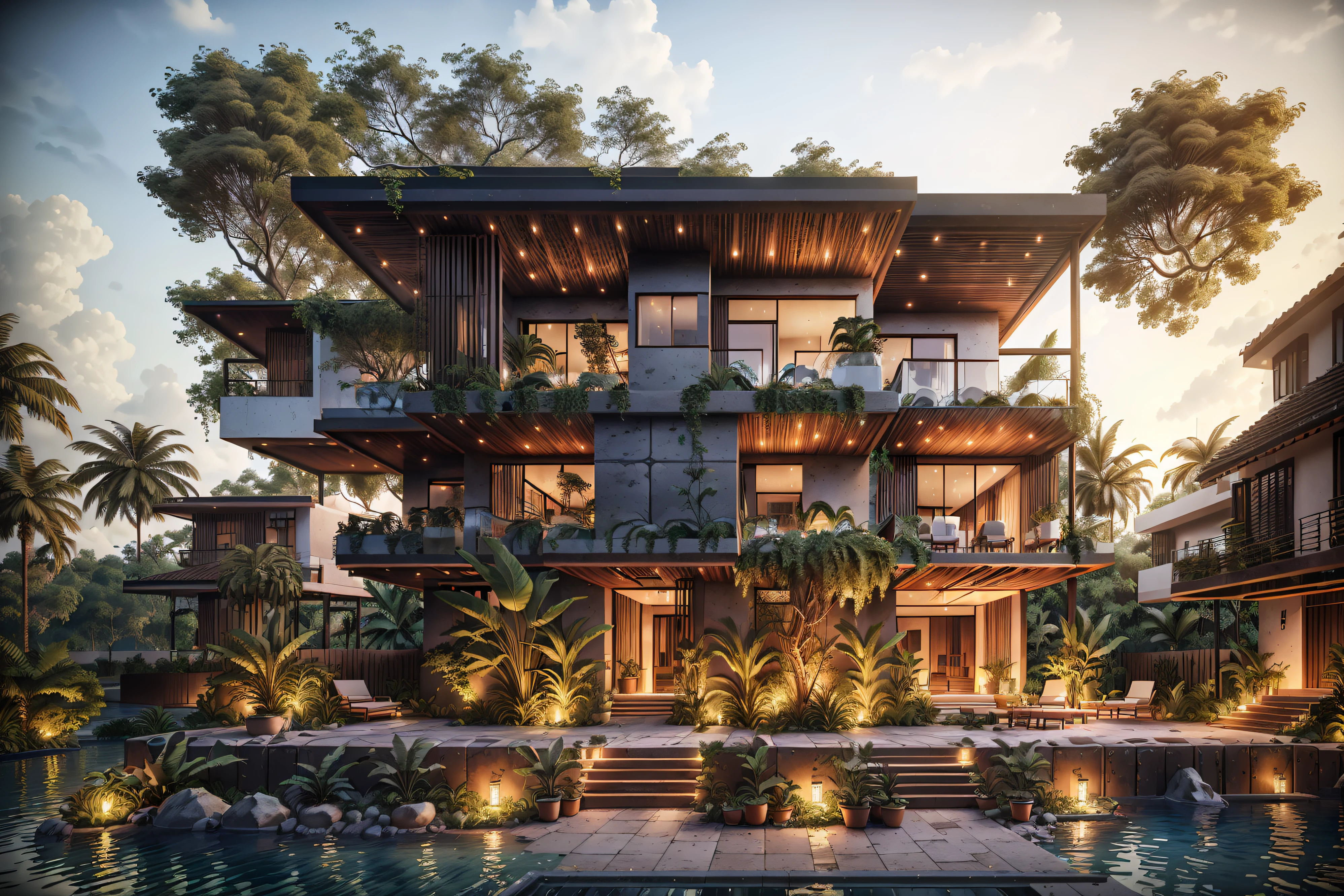 Boho style, luxury jungle villa with roof garden, glass villa with a sloping roof, modern, dynamic (RAW photo, real, best quality, masterpiece:1.2), (hyper realistic, photo-realistic:1.2), high quality, (dark lighting:1.2), perfect lighting, archdaily, award wining sustainable architecture, cinematic light, golden hour light