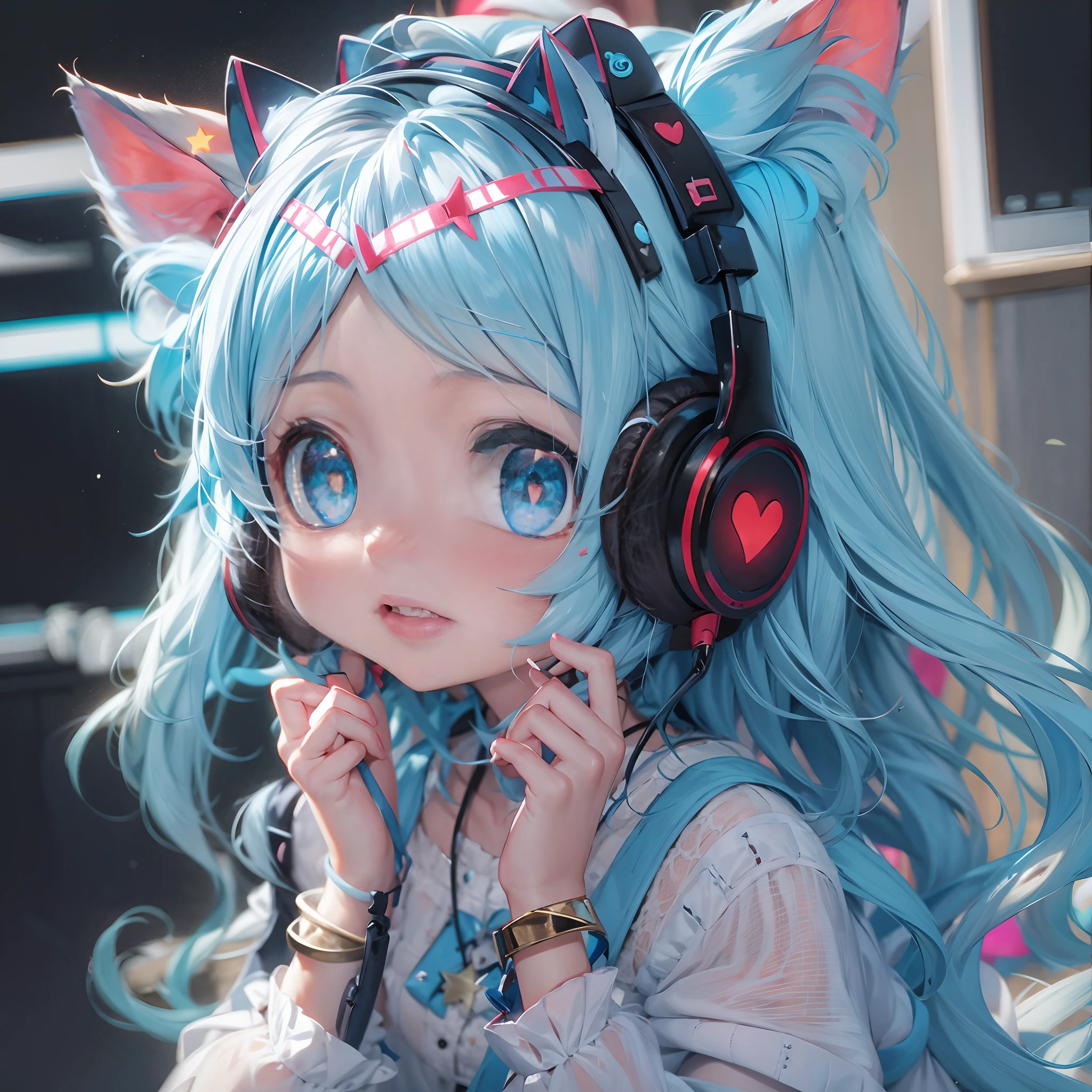 1little girl, adolable, light blue hair, very long hair, hair bobbles, jewelry, star-shaped pupils, cat ear headphones, heart in eye, Expressionism, Pixar, anaglyph, silhouette, first-person view, UHD, super detail, textured skin, best quality, highres, high quality