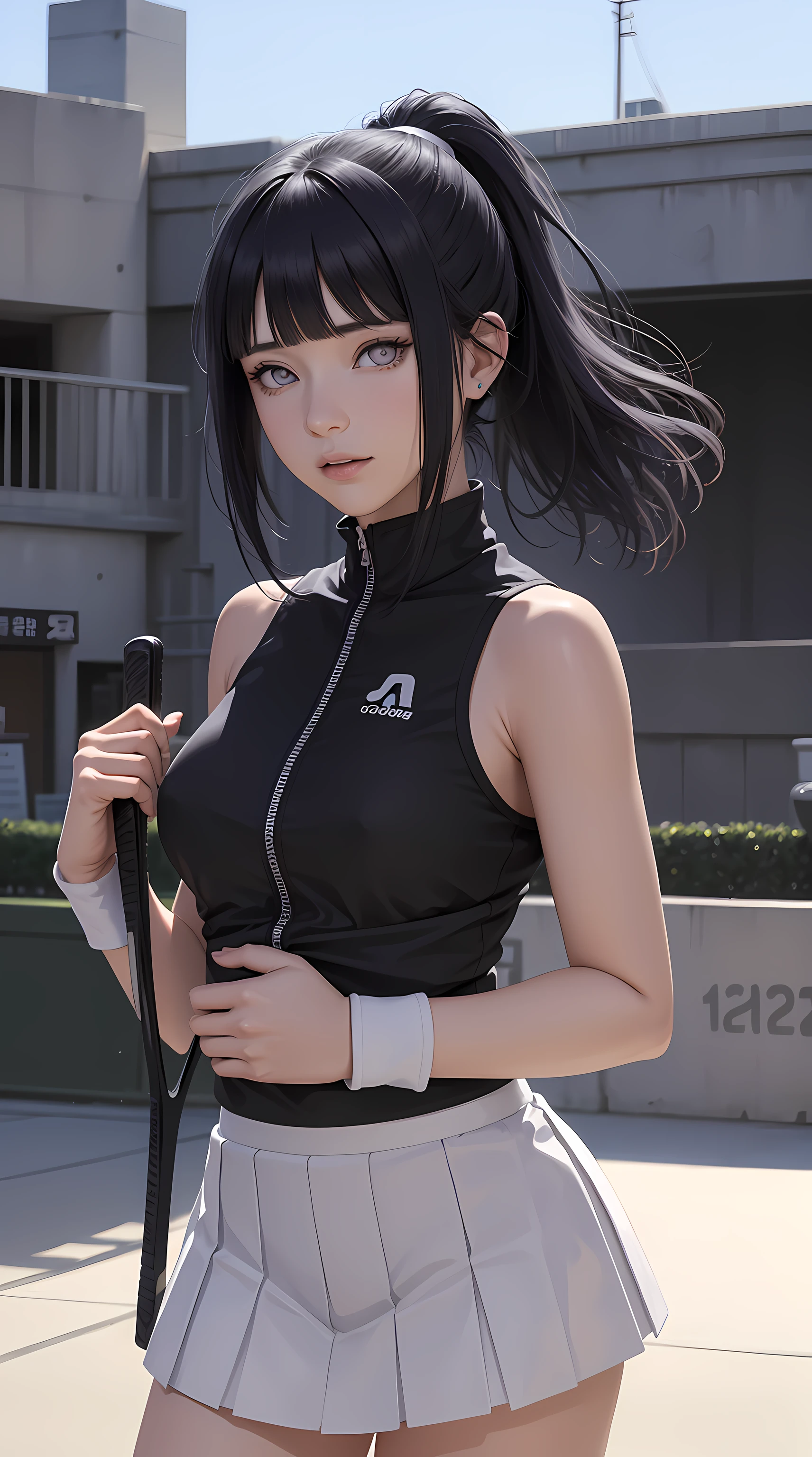 hinata\(boruto\), hinata from the anime naruto, light purple eyes, shoulder length hair, black hair, bangs, ponytail, beautiful, beautiful woman, perfect body, perfect breasts, wearing a tennis outfit, wearing a tennis hat, being on the tennis court, holding a tennis racket, looking at the audience, a slight smile, realism, masterpiece, textured leather, super detailed, high detail, high quality, best quality, 1080p, 16k