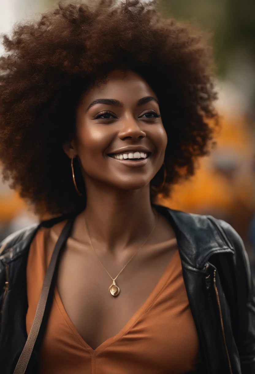 Smiling woman with afro hair and leather jacket in city - SeaArt AI