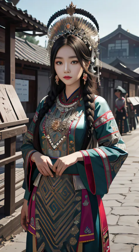 A Hmong，a beauty girl，are standing，Tall and tall，Big eyes melon seed face，Pretty and charming，Peugeot facial features
