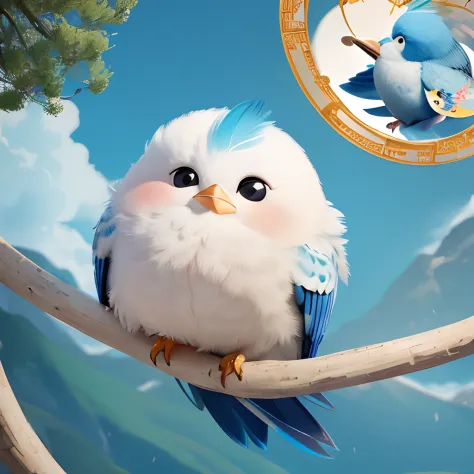 ((4K,Masterpiece,Best quality)), shuimobysim, Traditional Chinese painting, A cartoon cute bird，Big head and small body，Fat Chubby，Like a ball of hair，Blue-cyan feathers，There are colorful feathers on the top of the head，The mouth of a bird