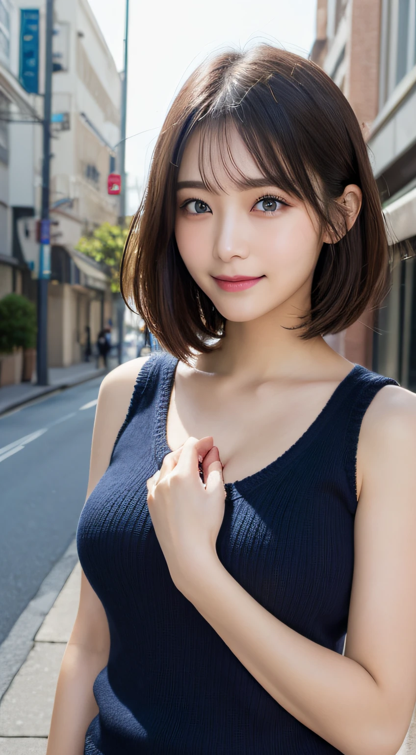 masutepiece, Best quality, Photorealsitic, finedetail, A high resolution, 8K wallpapers, Perfect dynamic composition, Beautiful detailed eyes, Medium short wave hair, Large full breasts, Sparkling sweat on the chest、Place your arms on your chest,Random cases、(Extremely tight sleeveless knitwear 1.3)、Breast bulge、A smile、Beautiful old Asian cityscape、2 old、(Sagging eyes 1.3)、Adult beauty、natural make up、jpn、Black eyes