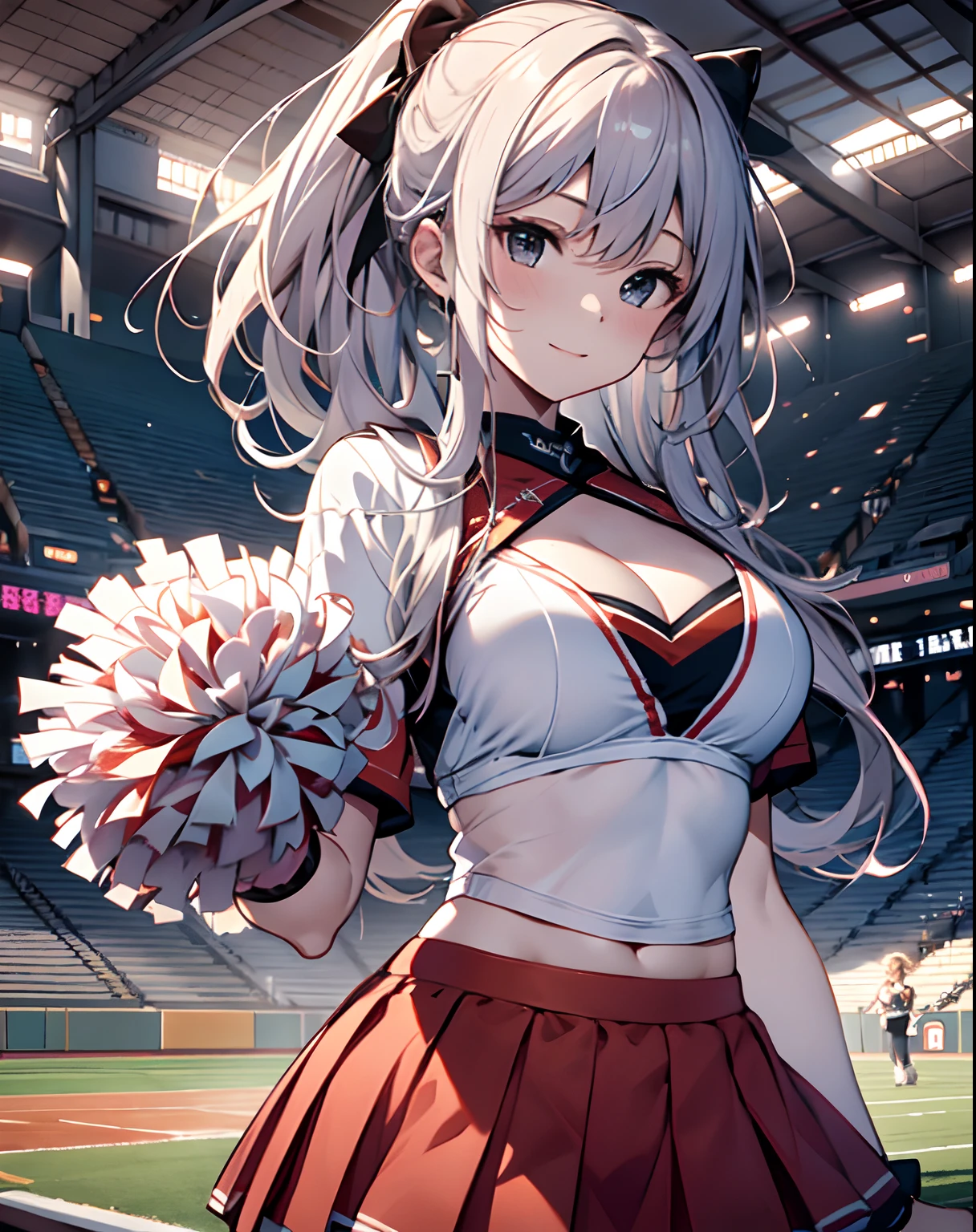 1 female cheerleader，One guy，White shirt，Red skirt，White ball socks，dual horsetail，(plumw:1.3)，ssmile，dynamicposes，Cheerleading pompom in hand，(stadium:1.5)、closeup cleavage、RAW photography, top-quality, A high resolution, (tmasterpiece), (Photorealsitic:1.4),sharp focus, nffsw, 8K resolution, intricately details, depth of fields, the Extremely Detailed CG Unity 8K Wallpapers, Frontlighting,