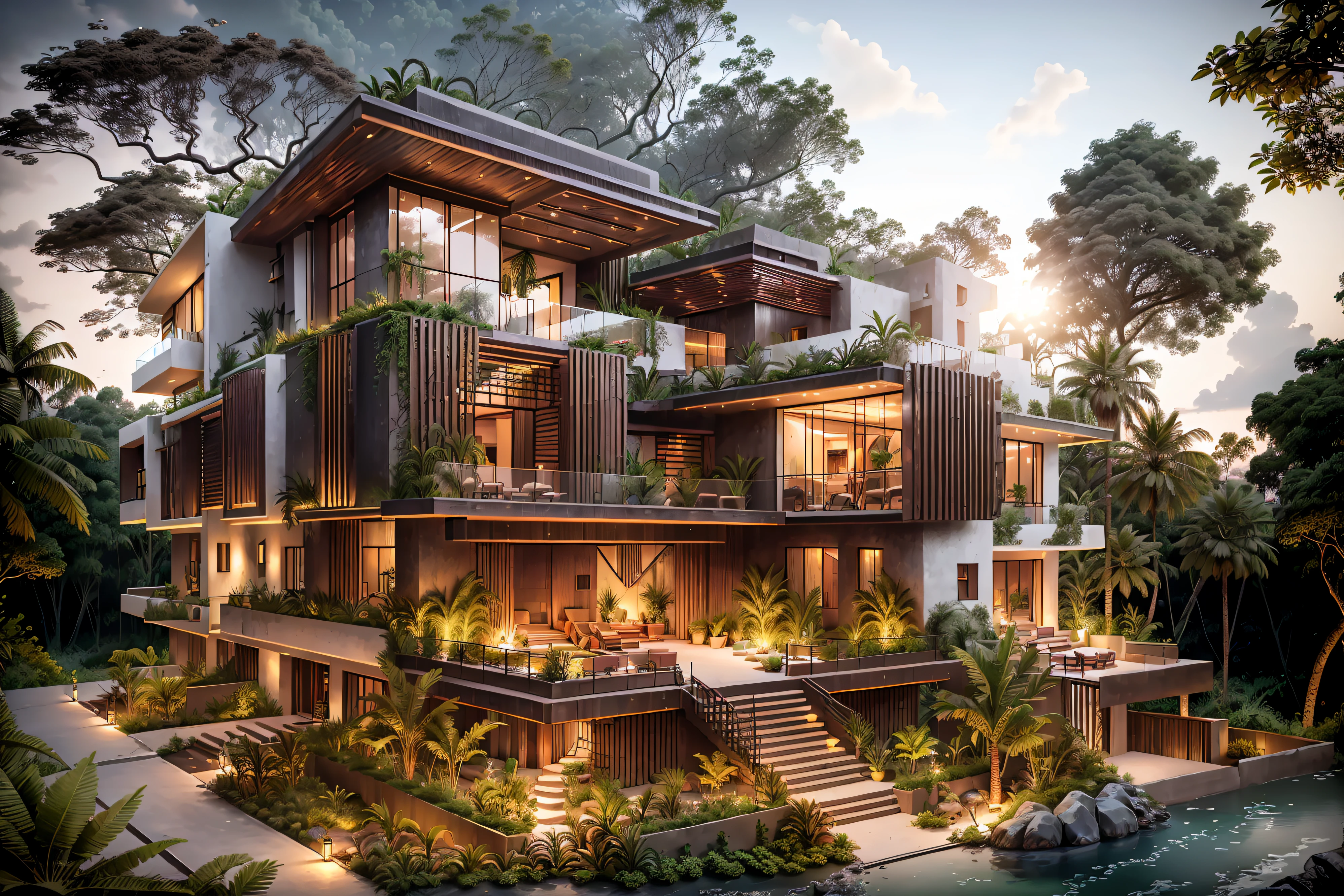 Boho style, luxury jungle villa with roof garden, glass villa with a sloping roof, modern, dynamic (RAW photo, real, best quality, masterpiece:1.2), (hyper realistic, photo-realistic:1.2), high quality, (dark lighting:1.2), perfect lighting, archdaily, award wining sustainable architecture, cinematic light, golden hour light