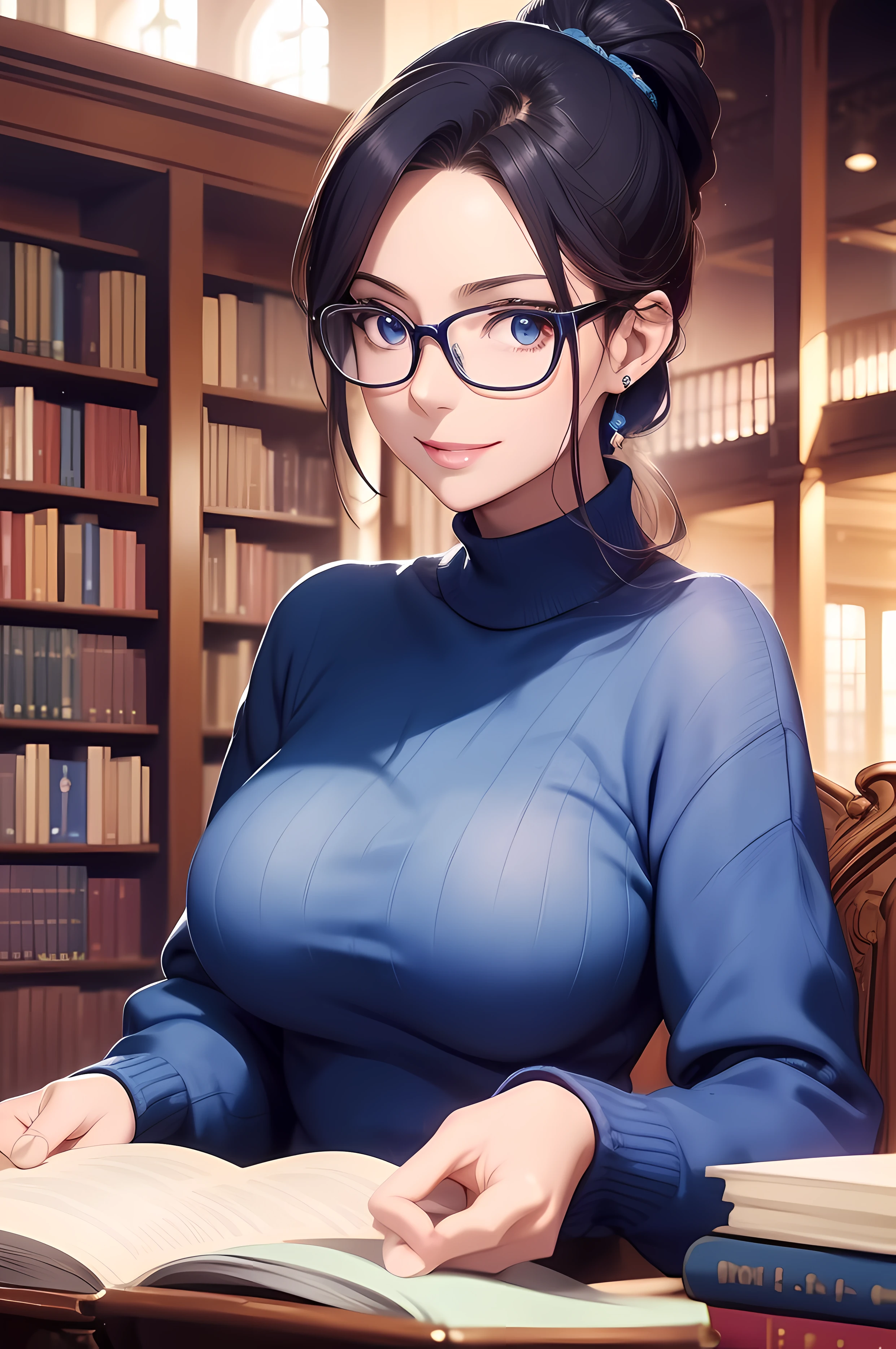 A beautiful Women (( librarian, glasses, reading a book )), (( library Background)), sitting on chair , perfect body figure, blue color hair, ponytail hairstyle, shining effect, aura of comfort, gentle gaze, smile, happy expression, very big breast, very big ass, age 43, middle age, shining light effect, light body aura, shining bright eyes, blue color eyes, mature, perfect color layer, perfect color overlay, pose, royalty, majestic, day, Empress, wind blowing, breeze, calm, sunshine effect, super effect, blue color light, Tachibana Omina art style, table, books, navy blue color knitted sweater