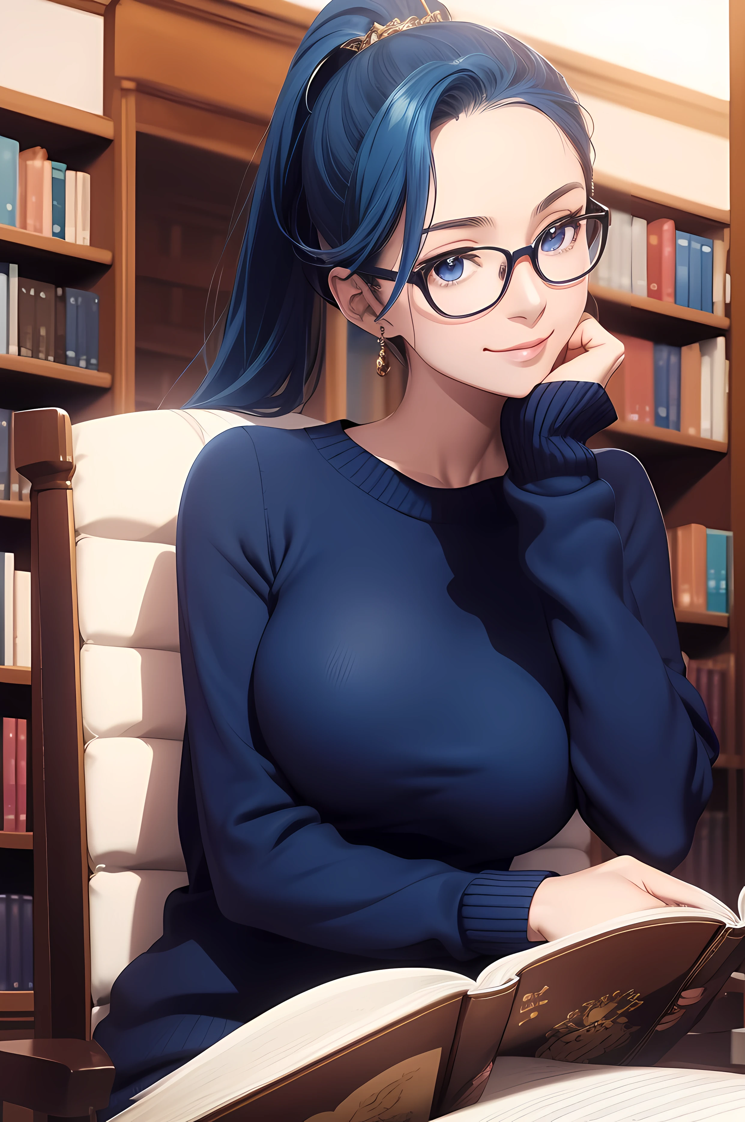 A beautiful Women (( librarian, glasses, reading a book )), (( library Background)), sitting on chair , perfect body figure, blue color hair, ponytail hairstyle, shining effect, aura of comfort, gentle gaze, smile, happy expression, very big breast, very big ass, age 43, middle age, shining light effect, light body aura, shining bright eyes, blue color eyes, mature, perfect color layer, perfect color overlay, pose, royalty, majestic, day, Empress, wind blowing, breeze, calm, sunshine effect, super effect, blue color light, Tachibana Omina art style, table, books, navy blue color knitted sweater