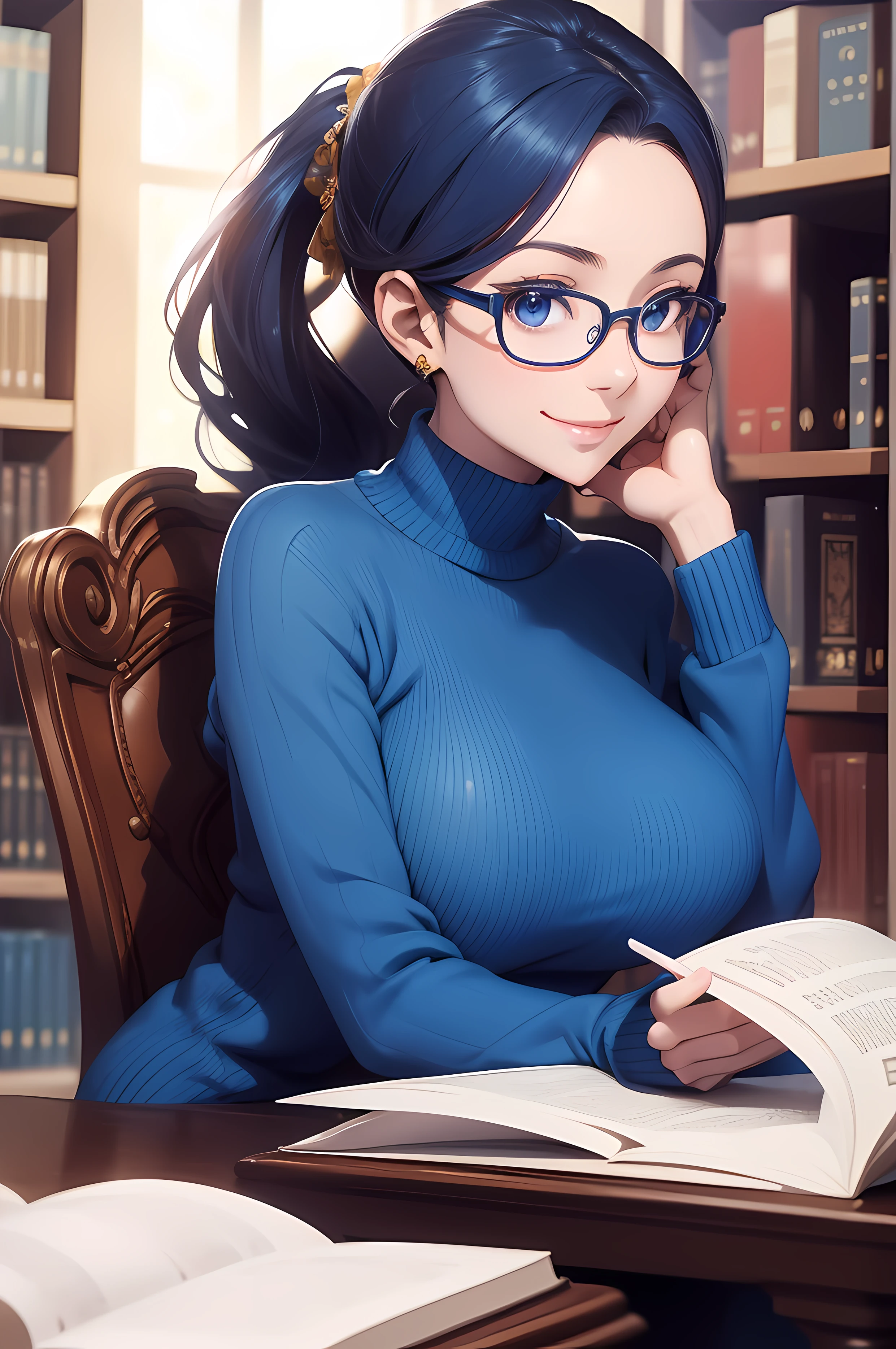 A beautiful Women (( librarian, glasses, reading a book )), (( library Background)), sitting on chair , perfect body figure, blue color hair, ponytail hairstyle, shining effect, aura of comfort, gentle gaze, smile, happy expression, very big breast, very big ass, age 43, middle age, shining light effect, light body aura, shining bright eyes, blue color eyes, mature, perfect color layer, perfect color overlay, pose, royalty, majestic, day, Empress, wind blowing, breeze, calm, sunshine effect, super effect, blue color light, Tachibana Omina art style, table, books, navy blue color knitted sweater