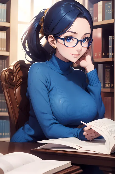 A beautiful Women (( librarian, glasses, reading a book )), (( library Background)), sitting on chair , perfect body figure, blu...