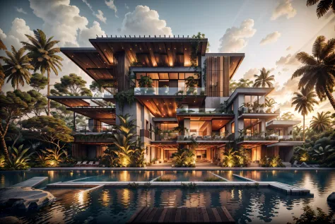 boho style, luxury jungle villa with roof garden, glass villa with a sloping roof, modern, dynamic (raw photo, real, best qualit...