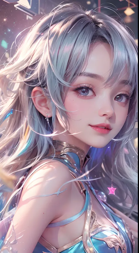 1girll,（enchanced quality：1.4），（Top quality true texture skin), Delicate face,Black hair, Gradient hair, Petite body,（perfect bodies：1.1）, There are precious stones on the forehead, rimless eyewears, Sparkling pupils，long eyelasher,grin, hyper photorealism...