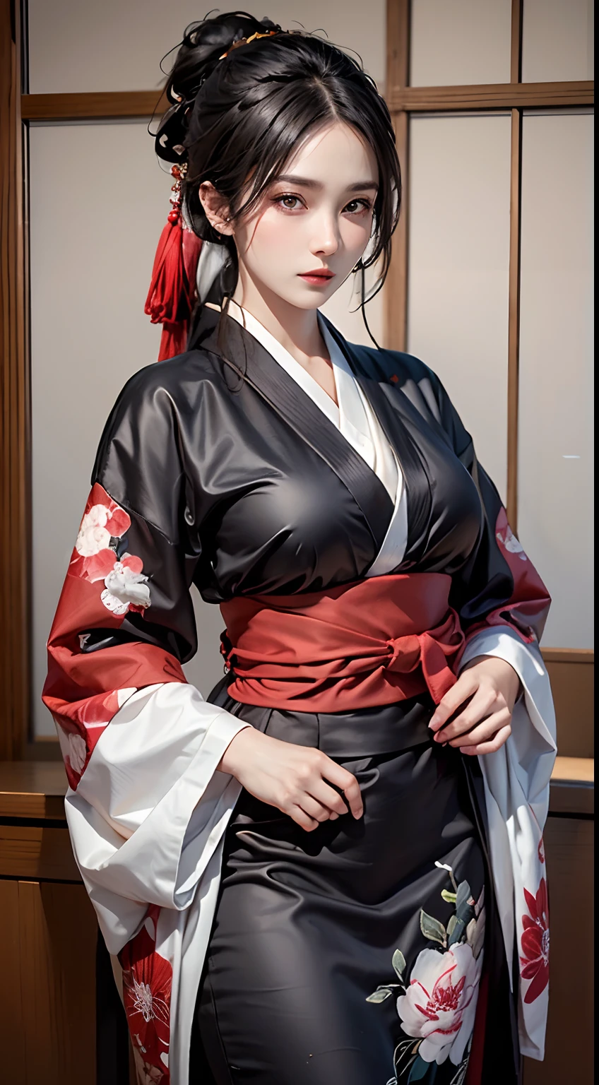 fotorrealista, alta resolução, 1 mulheres, mulher madura, Sozinho, quadris para cima, Cabelo preto, Ema \(sekiro\), roupas japonesas, quimono, coque de cabelo único, Haori, mulher madura