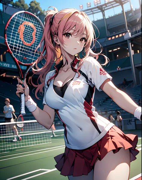 1 female tennis player，one guy，white shirt，red skirt，white ball socks，dual horsetail，(vibrancy:1.3)、tennis racket in hand，dynami...