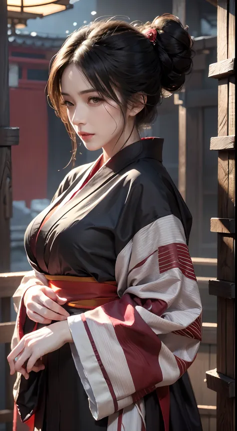 photorealistic, high resolution, 1women, mature female, solo, hips up, black hair, emma \(sekiro\), japanese clothes, kimono, si...