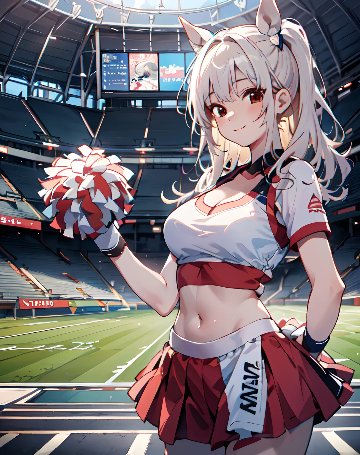 1 female cheerleader，One guy，White shirt，Red skirt，White socks，dual horsetail，(plumw:1.3)，ssmile，dynamicposes，Cheerleading pompom in hand，(stadium:1.5)、closeup cleavage、RAW photography, top-quality, A high resolution, (tmasterpiece), (Photorealsitic:1.4),sharp focus, nffsw, 8K resolution, intricately details, depth of fields, the Extremely Detailed CG Unity 8K Wallpapers, Frontlighting,