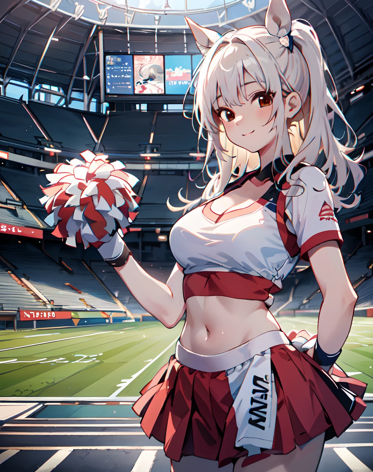 1 female cheerleader，One guy，White shirt，Red skirt，White socks，dual horsetail，(plumw:1.3)，ssmile，dynamicposes，Cheerleading pompom in hand，(stadio:1.5)、closeup cleavage、RAW photography, top-quality, A high resolution, (tmasterpiece), (Photorealsitic:1.4),foco nítido, NFFSW, 8K分辨率, intricately details, depth of fields, the Extremely Detailed CG Unity 8K Wallpapers, Frontlighting,