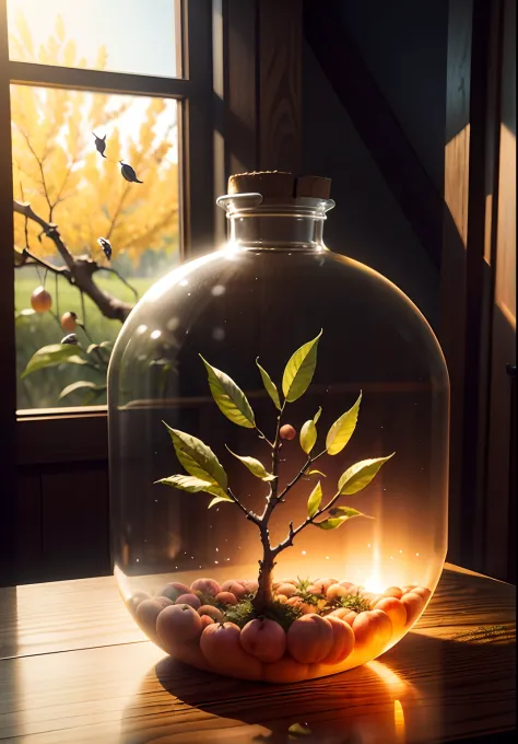Inside the glass bottle is a peach tree，Frontal photo，Photographic grade，Dynamic surrealism, High detail, cubismo, god light, Vignetting, Glowing light, hyper HD, Masterpiece, ccurate, Super detail, High details, High quality, Best quality, A high resoluti...
