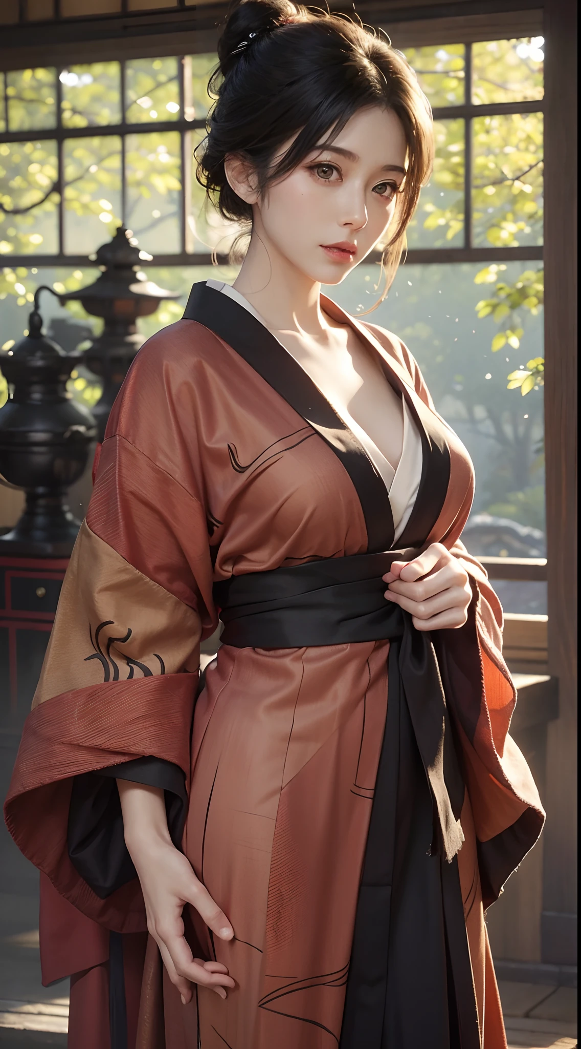 Fotorrealista, Alta resolución, 1mujer, mujer madura, solo, caderas arriba, pelo negro, emma \(Un hacha\), ropa japonesa, kimono, moño de un solo cabello, haori, mujer madura