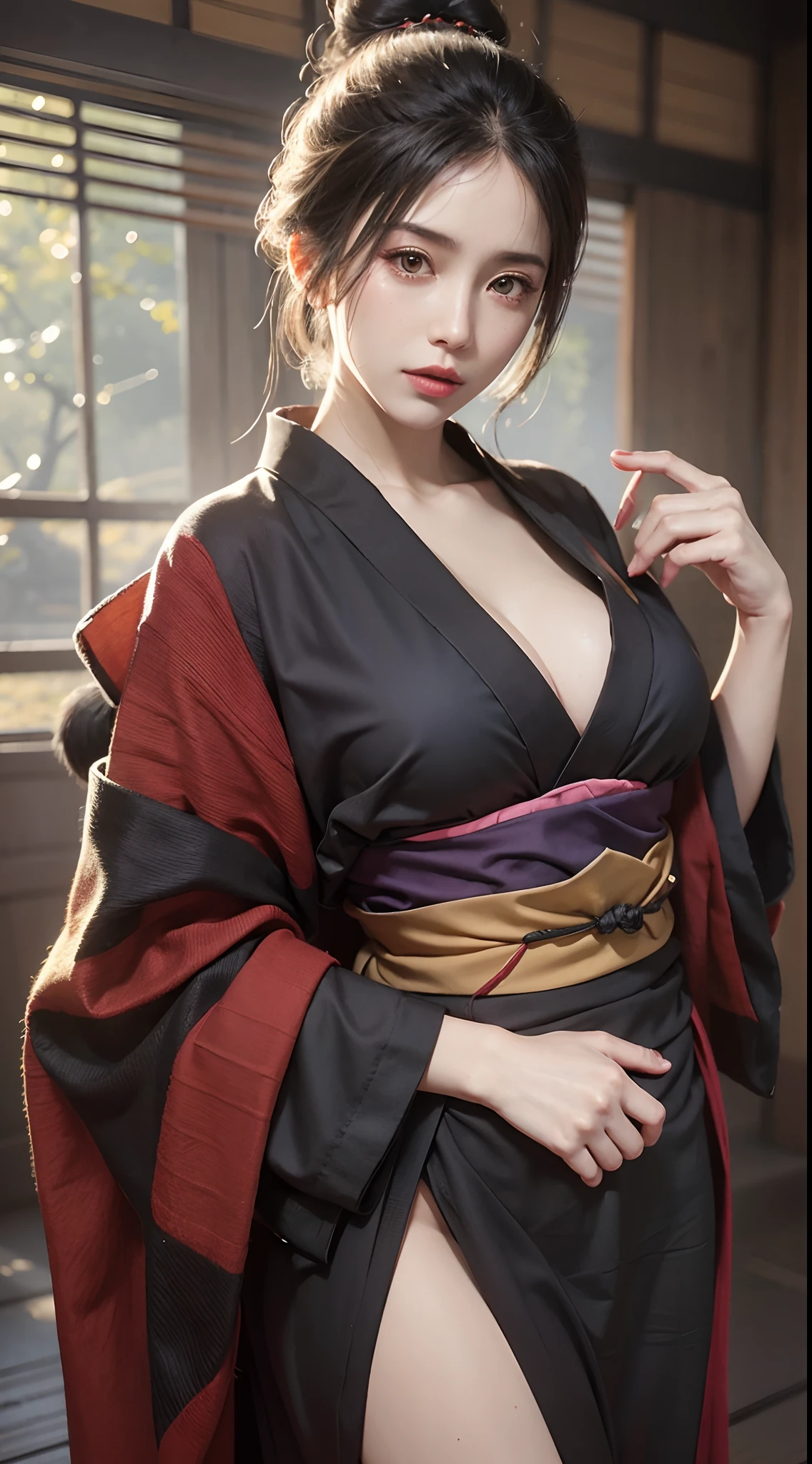 fotorealistisch, Hohe Auflösung, 1Frauen, reife Frau, Allein, Hüften hoch, schwarzes Haar, Emma \(Eine Axt\), japanische kleidung, Kimono, EINZELNER Haarknoten, Haori, reife Frau