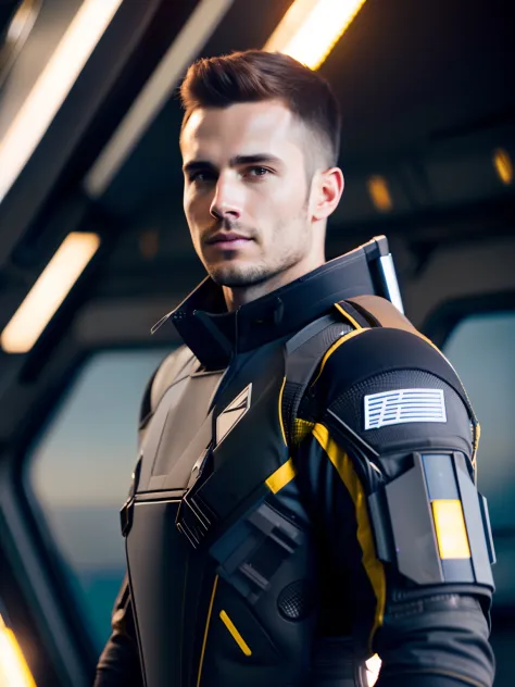fking_scifi, award-winning photo of a man, black flight suit with yellow accents, brown hair, (gray eyes:1.35), square jawline, asymmetric face, no beard, standing in front of a window on a space ship, 80mm, bokeh, mass effect, close up, fking_cinema_v2