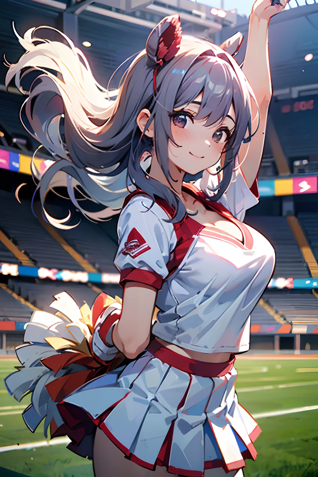 1 female cheerleader，White shirt，Red skirt，White socks，dual horsetail，(plumw:1.3)，ssmile，Exercise posture，Cheerleading pompom in hand，(stadium:1.5)、closeup cleavage、RAW photography, top-quality, A high resolution, (tmasterpiece), (Photorealsitic:1.4),sharp focus, nffsw, 8K resolution, intricately details, depth of fields, the Extremely Detailed CG Unity 8K Wallpapers, Frontlighting,