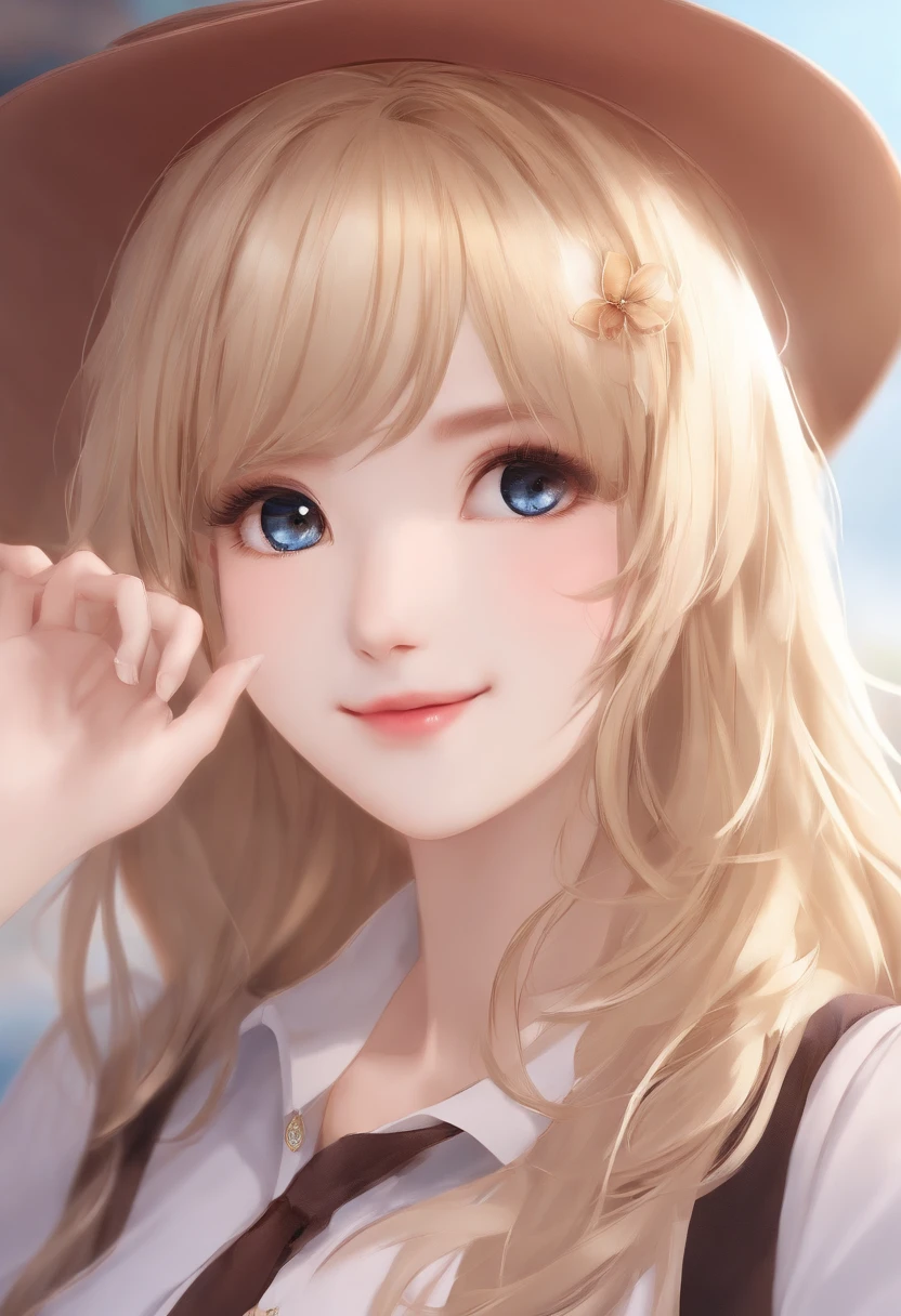 「Generate a beautiful girl with long blonde hair with AI。Be sure to include detailed features。 -hairdo: With long hair、Straight - hair color: golden colored、 - facial features;: Transparent skin、Big eyes（The color is blue）、a small nose、Fluffy lips - skin features: Fair and smooth skin - clothing: Casual costumes、White T-shirt and pink miniskirt - facial expressions: Smiling Expression - Background: simple background、Bright indoor - pose: Standing、Waving his right hand lightly - the image is of the highest quality４K pleases。Age is 15 years old AI-generated image of a beautiful girl with this character please.。」