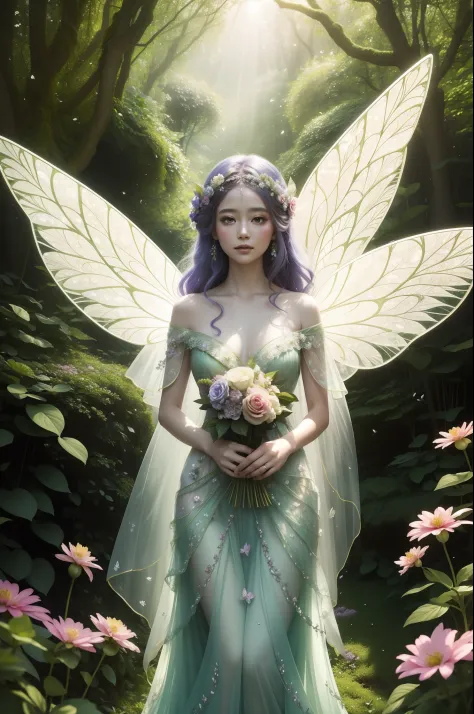Flower fairy as the center of a whimsical forest scene where vibrant flowers and lush greenery create a magical backdrop. Flower...