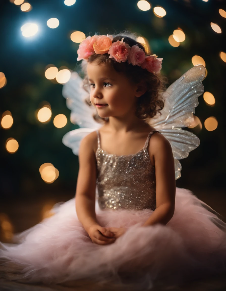 (photo of a child), color photo of mysterious child flower fairy, child with transparent colorful wings, sitting in divine light, soft feather skirt, neon light, holding magic wand, axial symmetry, magnificent background. Silver dress, flower crown, starry sky background, Nikon Z7 II camera, Fuji Velvia 50 film, 50mm lens, high saturation, ((close-up))