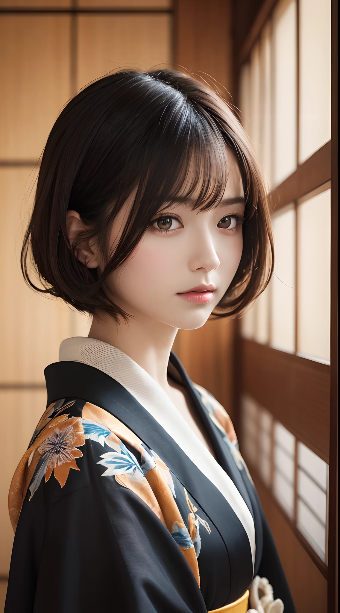 masutepiece, Best Quality, Illustration, Ultra-detailed, finely detail, hight resolution, 8K Wallpaper, Perfect dynamic composition, Beautiful detailed eyes, Kimono, (black-short-hair)