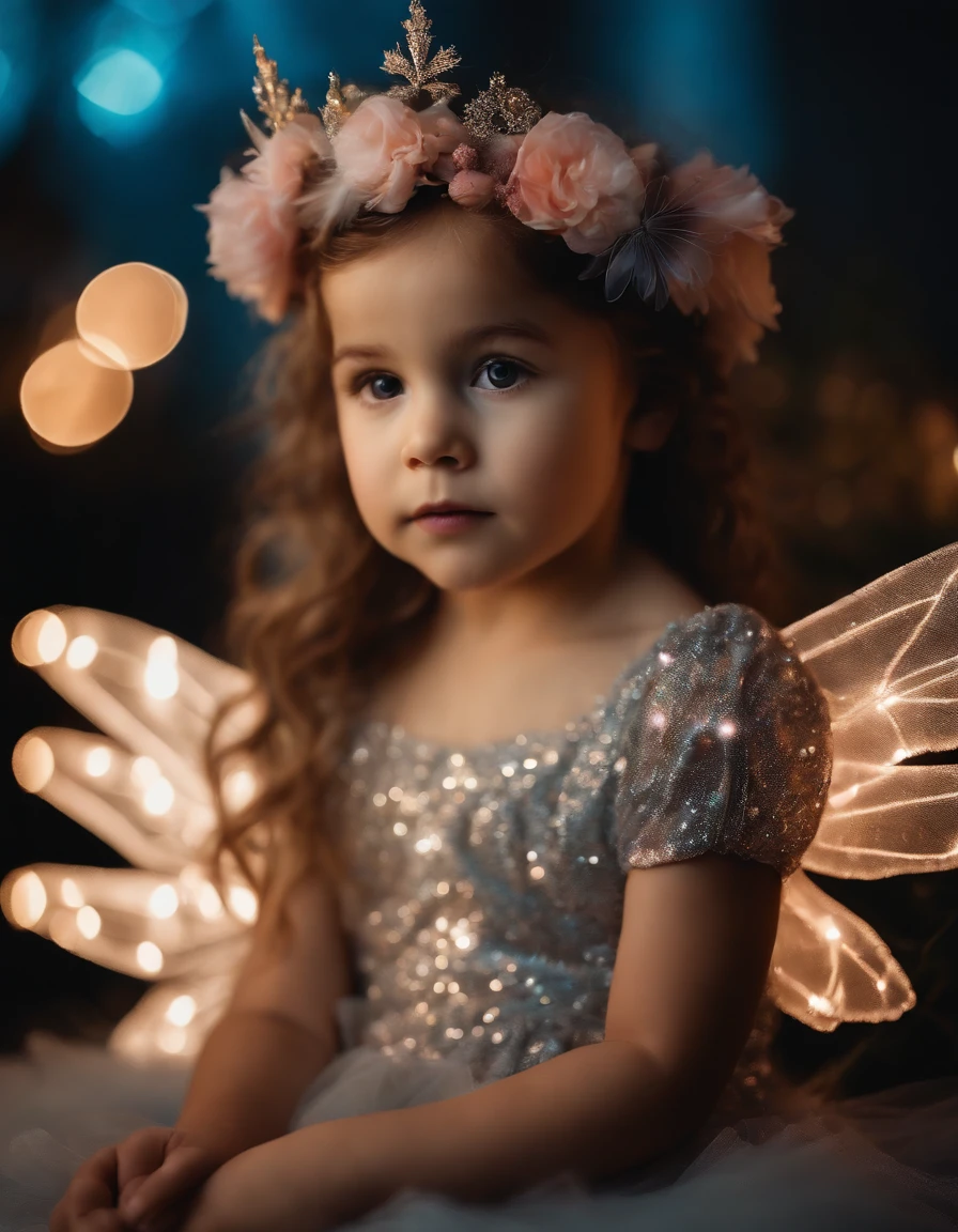 (photo of a child), color photo of mysterious child flower fairy, child with transparent colorful wings, sitting in divine light, soft feather skirt, neon light, holding magic wand, axial symmetry, magnificent background. Silver dress, flower crown, starry sky background, Nikon Z7 II camera, Fuji Velvia 50 film, 50mm lens, high saturation, ((close-up))