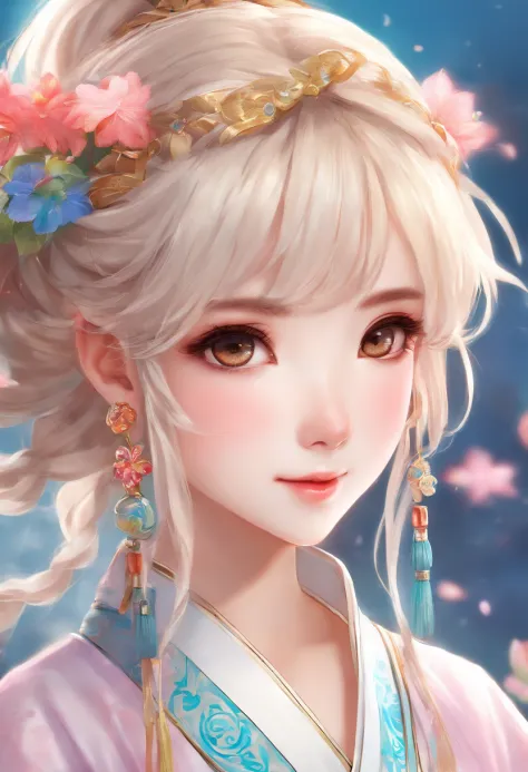 An ancient Chinese girl, Light-colored hair, Slightly curled, Realistic facial features, Hanfu，high high quality，big breasts beautiful，tmasterpiece，Best quality at best