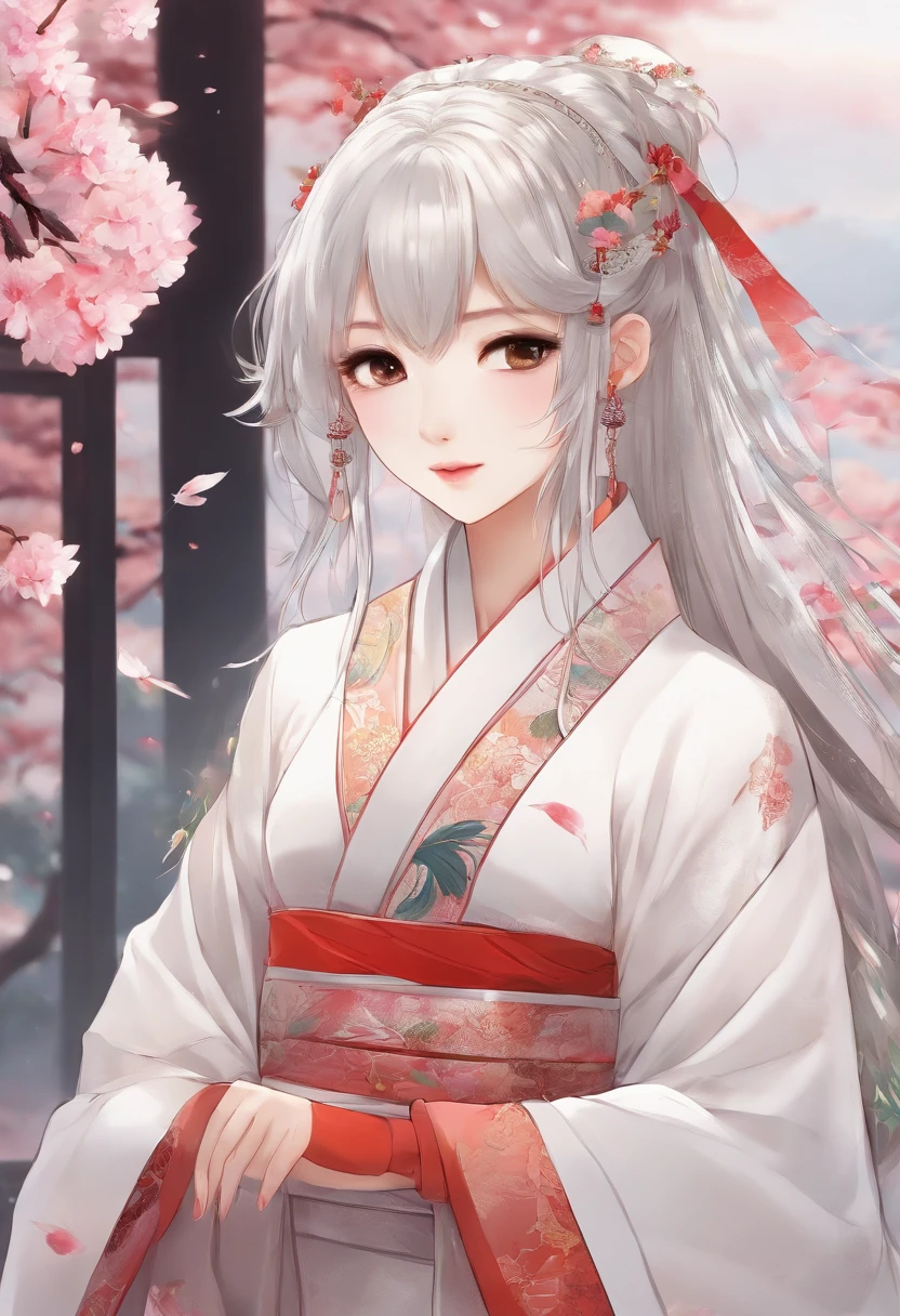 An ancient Chinese girl, Light-colored hair, Slightly curled, Realistic facial features, Hanfu，high high quality，big breasts beautiful，tmasterpiece，Best quality at best