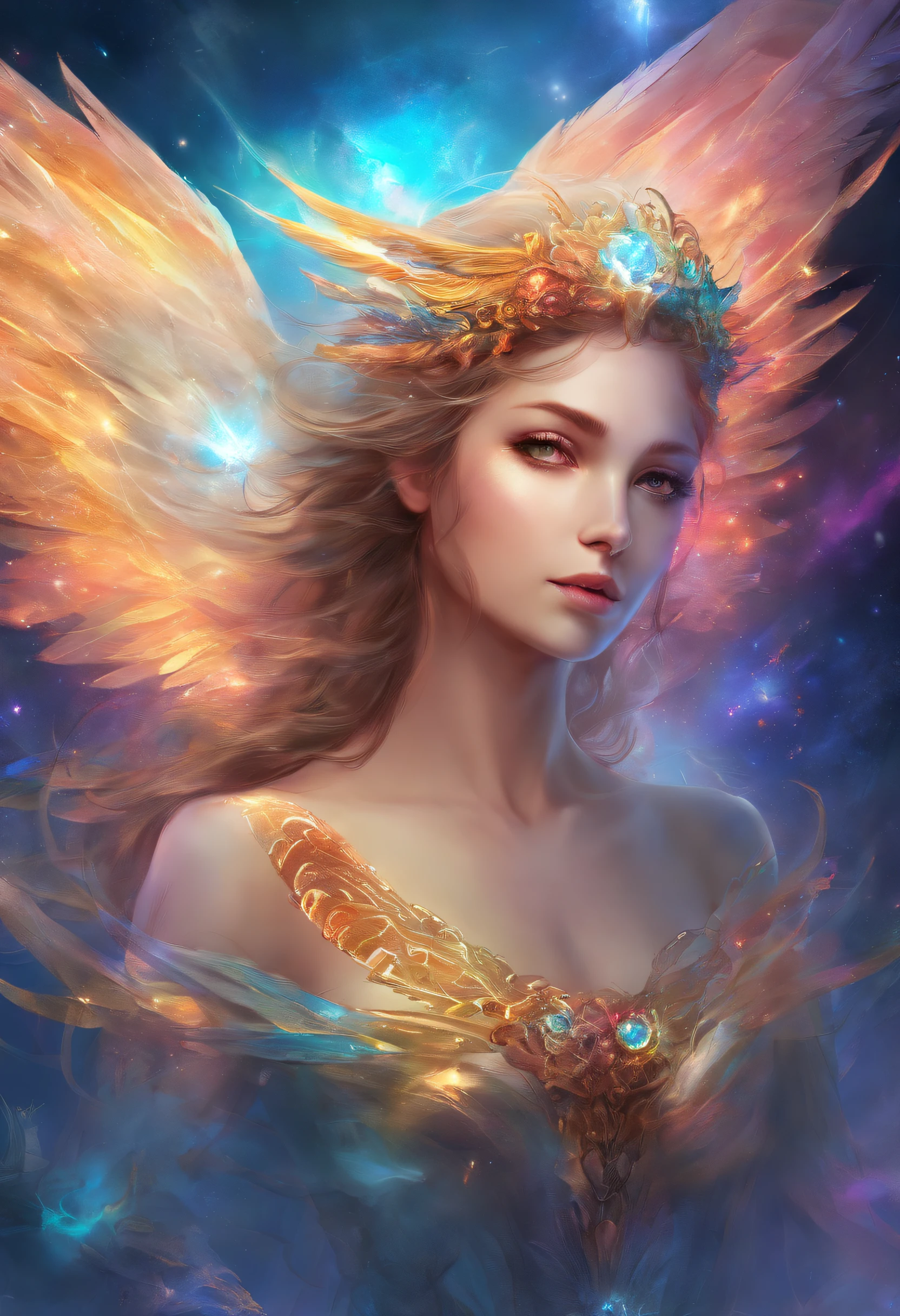 Cosmic Fallen Female Angel, Bright and clear eyes, Biomechanicals, Strangely, horrid, nightmare, Very bright colors, Light particles, There is bright light, Mshiv, wallpaper art, ultra HD wallpaper