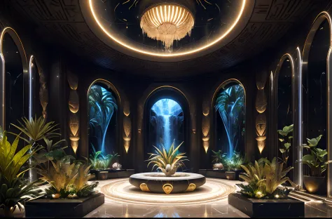 incredible luxurious futuristic interior in Ancient Egyptian style with many (((lush plants))) (lotus flowers), ((palm trees)), ...