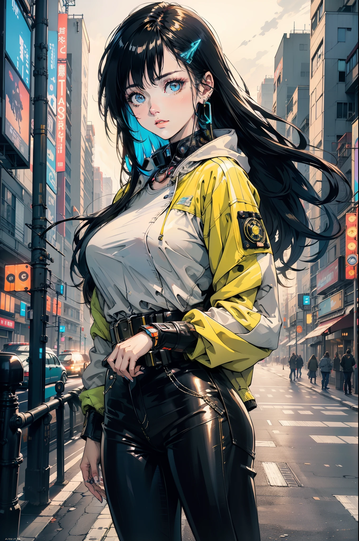 A woman in a yellow jacket and black pants standing on a city street -  SeaArt AI