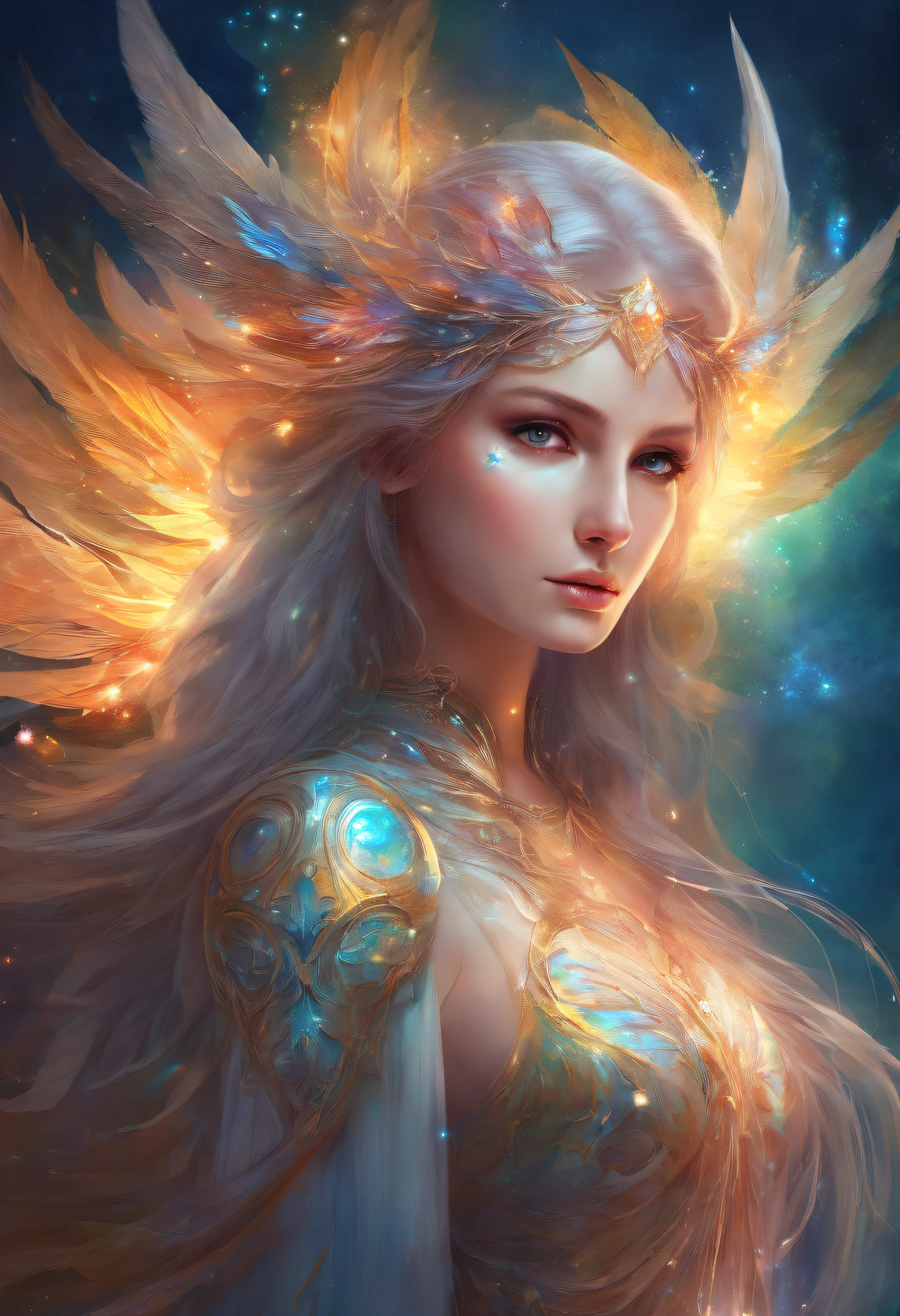 Cosmic Fallen Female Angel, Bright and clear eyes, Biomechanicals, Strangely, horrid, nightmare, Very bright colors, Light particles, There is bright light, Mshiv, wallpaper art, ultra HD wallpaper