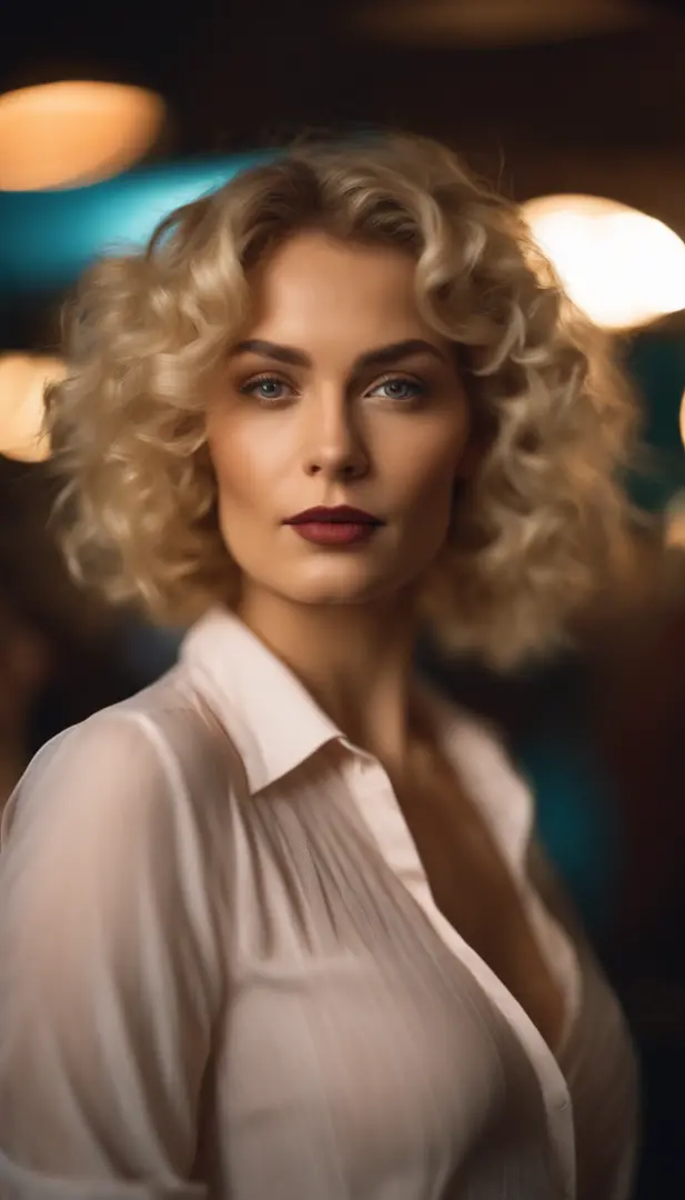 blonde woman with curly SHORT hair poses on the CLUB, looking STRAIGHT at the camera, WEARING TIGHT CLOTHES, photo taken with provia, in the style of ultrafine detail, high quality photo, 105 mm f/2.4