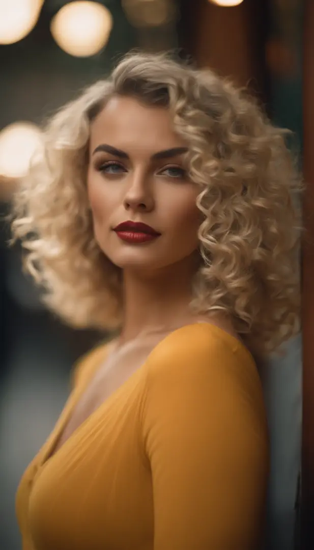 blonde woman with curly SHORT hair poses on the CLUB, looking STRAIGHT at the camera, WEARING TIGHT CLOTHES, photo taken with provia, in the style of ultrafine detail, high quality photo, 105 mm f/2.4