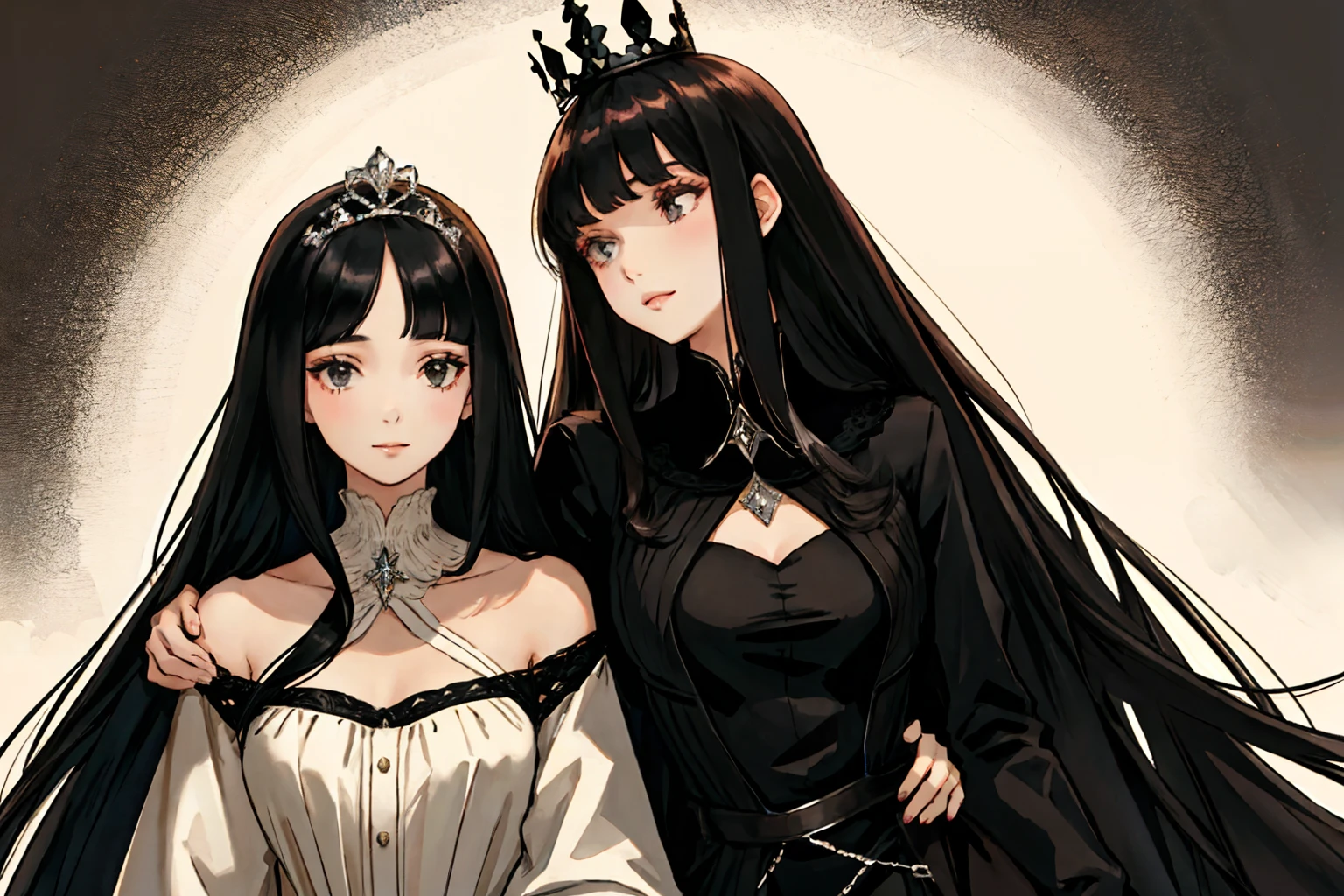 Two beautiful girls，A black long straight，A short black haircut，Two girls  glued together for sex，Long-haired girls put crowns on short-haired girls -  SeaArt AI