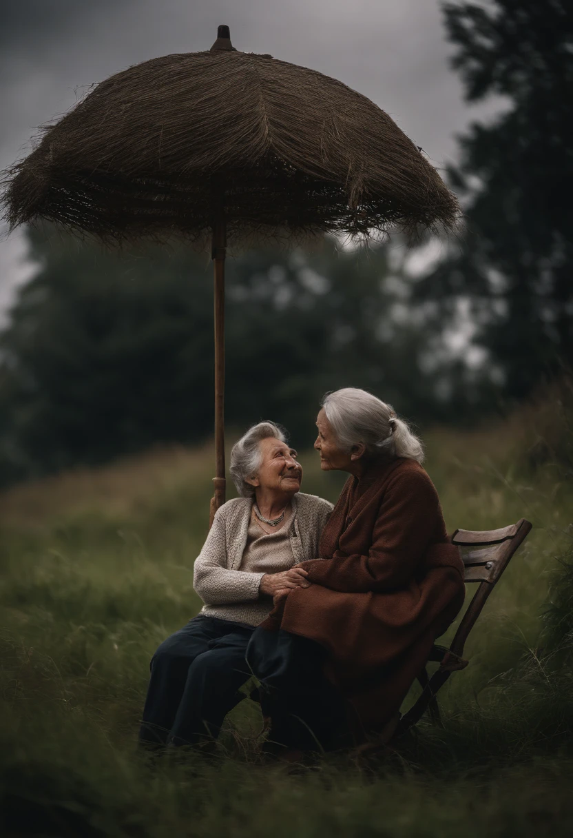 An older couple sitting on a bench under an umbrella - SeaArt AI