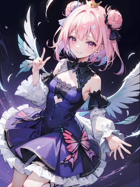{Moist feathers(hololive)}, 1girll, {Short hair}, double bun hair, Double-tailed ribbon, {Light pink hair}, {Red eyes}、tmasterpiece、top-quality、grinning evily、{Demon King}、{full bodyesbian}、a throne、Ambition、Aura of darkness、Blue-winged butterfly、Dark blue...