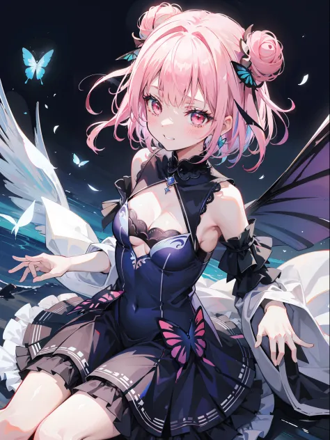 {Moist feathers(hololive)}, 1girll, {Short hair}, double bun hair, Double-tailed ribbon, {Light pink hair}, {Red eyes}、tmasterpiece、top-quality、grinning evily、{Demon King}、{full bodyesbian}、a throne、Ambition、Aura of darkness、Blue-winged butterfly、Dark blue...