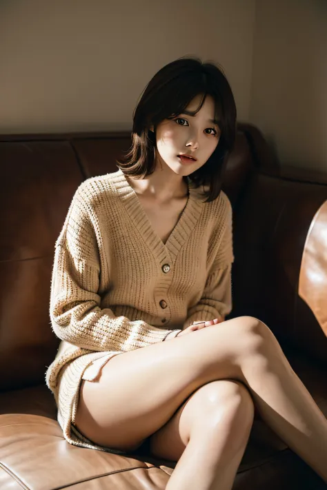 Jeong-Hun Seong-Hun, 1girl,sitting on a cozy couch,crossing legs,soft light