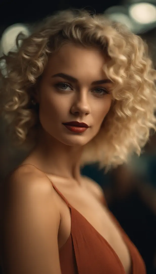 blonde woman with curly SHORT hair poses on the CLUB, standing STRAIGHT to the camera, WEARING TIGHT CLOTHES, photo taken with provia, in the style of ultrafine detail, high quality photo, 105 mm f/2.4