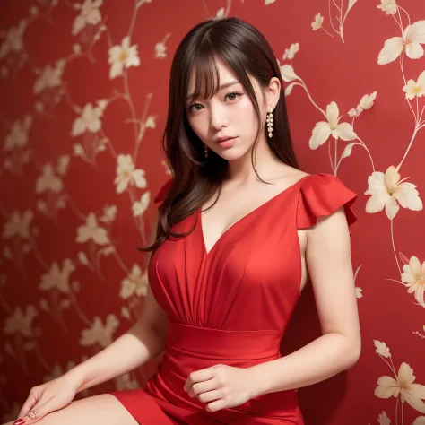 woman in red dress、the background is gorgeous red wallpaper studio、[photos realistic]!!,candid flash photography、magnifica、masa ...