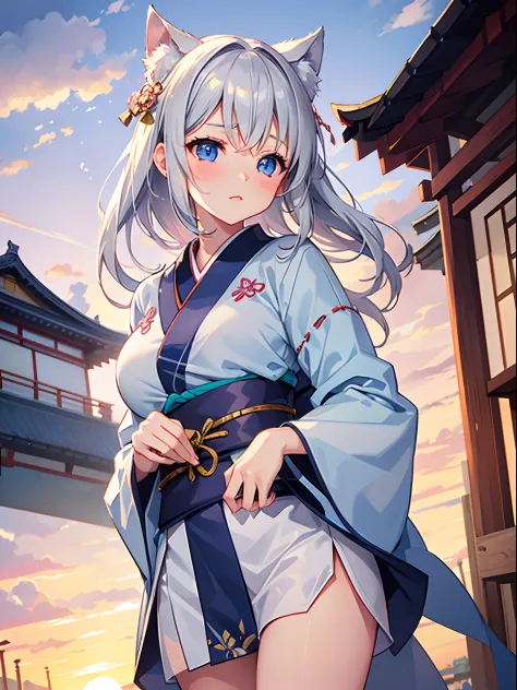 1girl in, Silver Shorthair, sky-blue eyes, kimono skirt, shrines, Cute, blush, medium breasts⁩, Sunset, Best Quality++, Highest Quality++