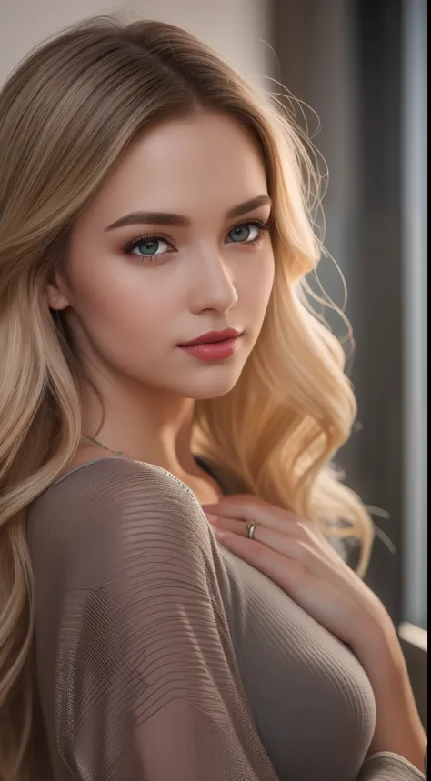 A young and beautiful woman, coiffed blonde hair，Gently drop to your shoulders in waves, Medium Tall, Big green eyes, with fair skin, She was in her pajamas, She was in bed, Do hair care before bedtime, The environment is illuminated by warm and pleasant l...
