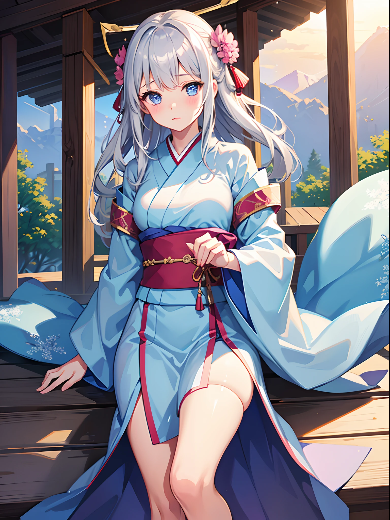 1girl in, Silver Shorthair, sky-blue eyes, kimono skirt, shrines, Cute, blush, medium breasts⁩, Sunset, Best Quality++, Highest Quality++