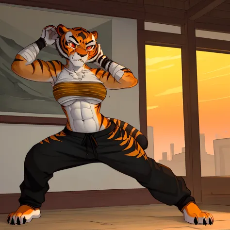[mastertigress], [Uploaded to e621.net; (Pixelsketcher), (wamudraws)], ((masterpiece)), ((solo portrait)), ((full body)), ((front view)), ((feet visible)), ((furry; anthro tiger)), ((detailed fur)), ((cel shading)), ((intricate details)), ((detailed shadin...