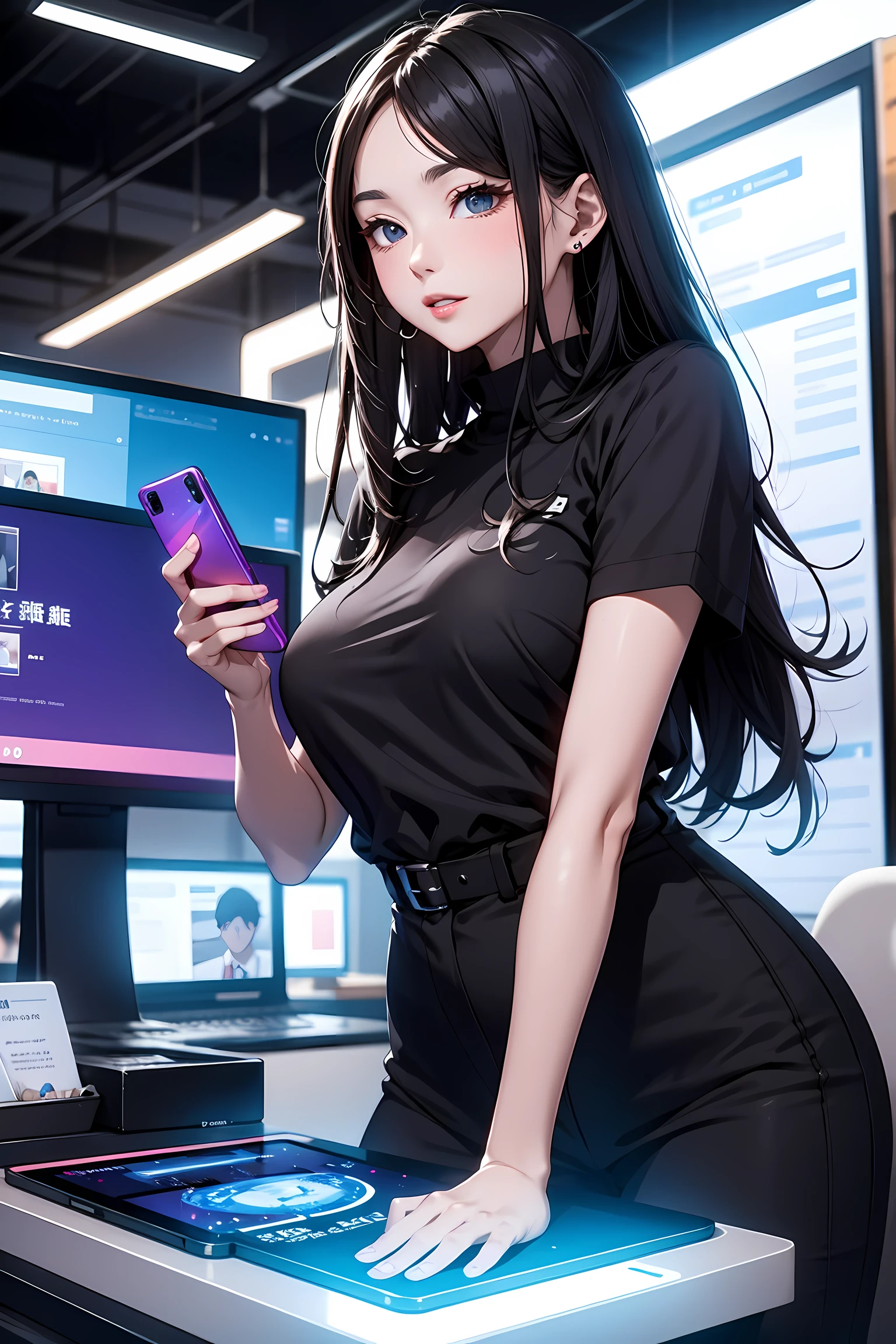 The office district of the near future、Office worker using a smartphone mounted on his arm。Beauty OL,Holograms displayed from a smartphone on your arm、